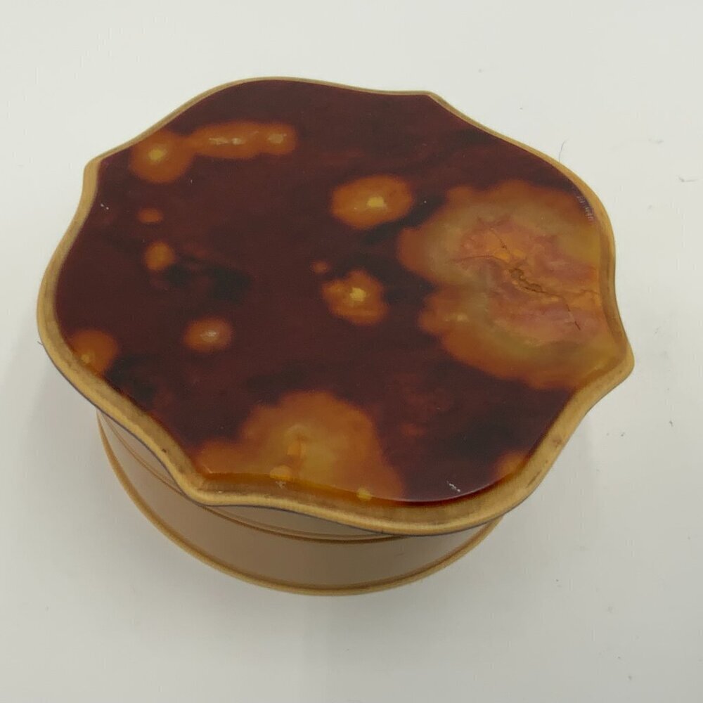 VTG Art Deco Tan Celluloid Powder Puff Box w/Tortoise Design Lid 4 1/2" x 2" - Picture 9 of 10